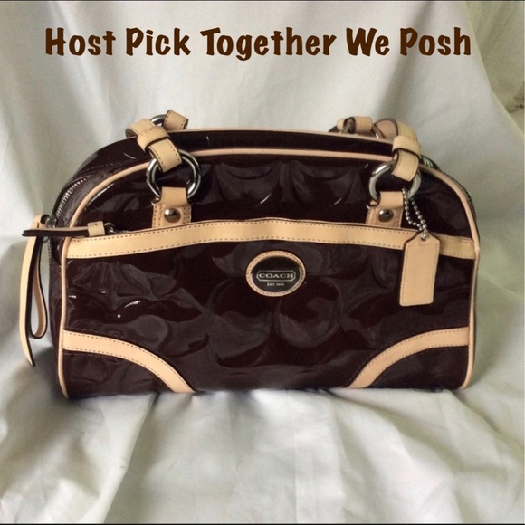 Coach Peyton Brown Patent Satchel Camel Leather Trim NEW - Picture 1 of 7